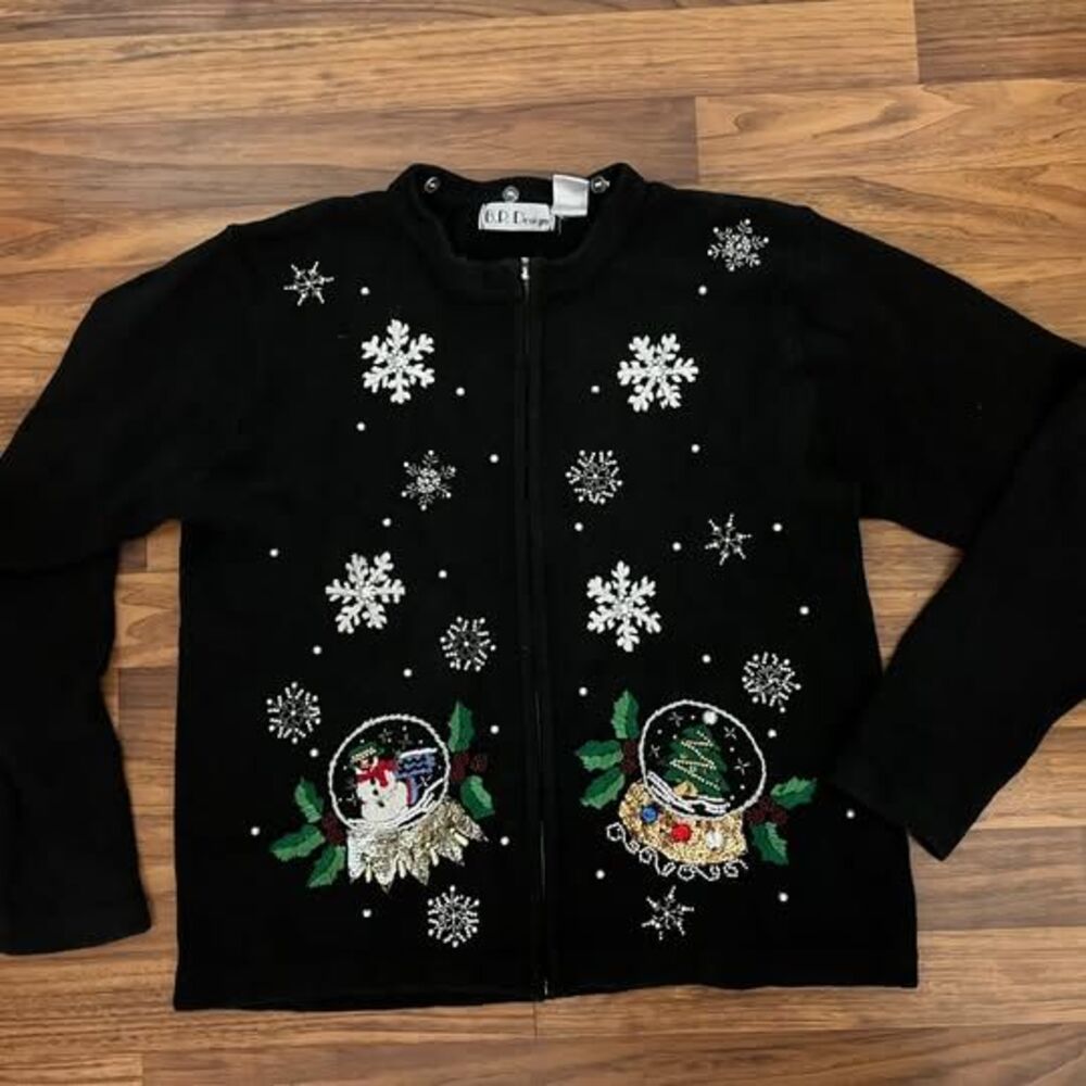 B.P. Design Vintage Black Beaded Christmas Cardigan Sweater Size M